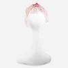 pink feather whimsey hat Back view of pink feather whimsy hat showing the veil’s length and coverage