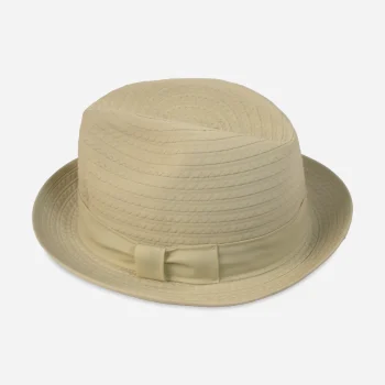Front view of cream crushable nylon travel hat with stitched crown and narrow brim.