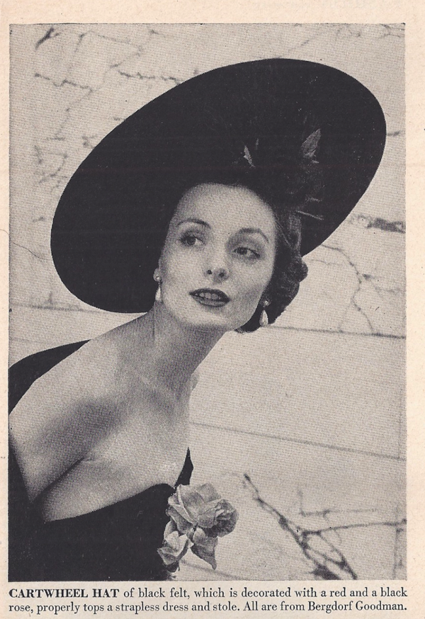 1940s hat styles - cartwheel hat on model