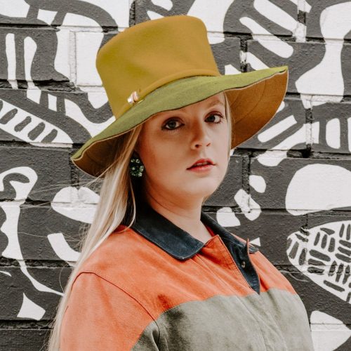 Vintage 60s Mod Wide Brim Hat by Leslie James, Green & Yellow Wool Felt